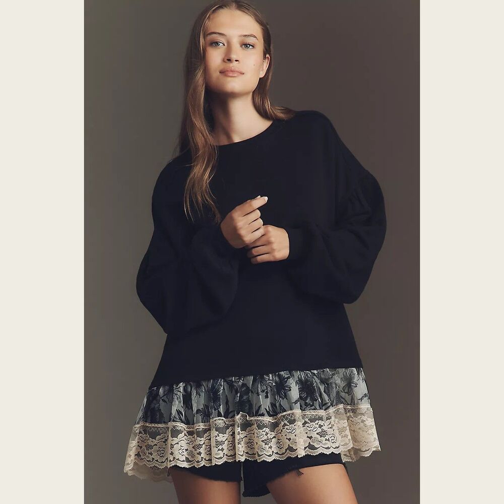 By Anthropologie Tulle-Hem Pullover Sweatshirt Top Cotton Black Lace S 283879
